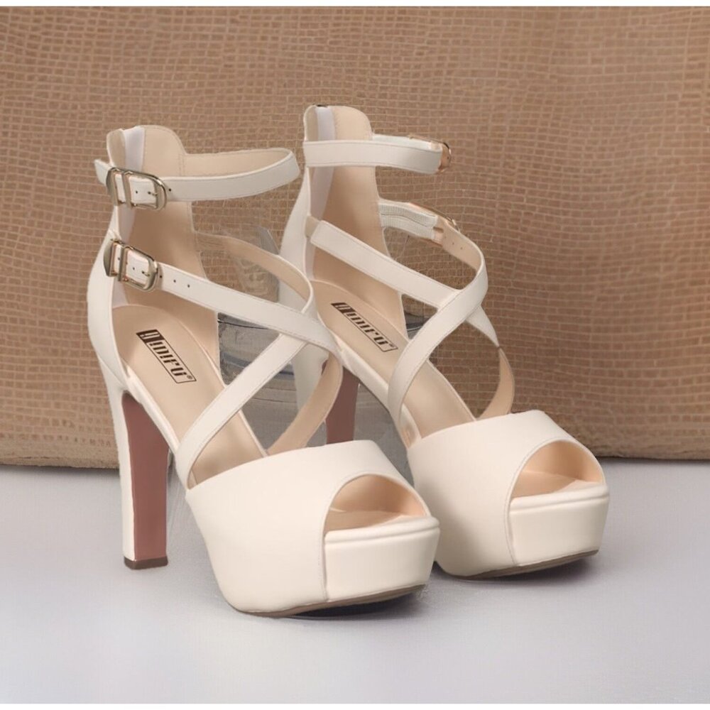 Sexy Strappy Sandals Nude High Heel Shoes Sz 8 Peep Toe Pumps Wedding Party Prom